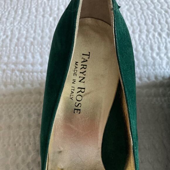 Taryn Rose Wedge Heel Kelly Green Suede Gold 6.5 Christmas Holiday Party Glam - Picture 4 of 12